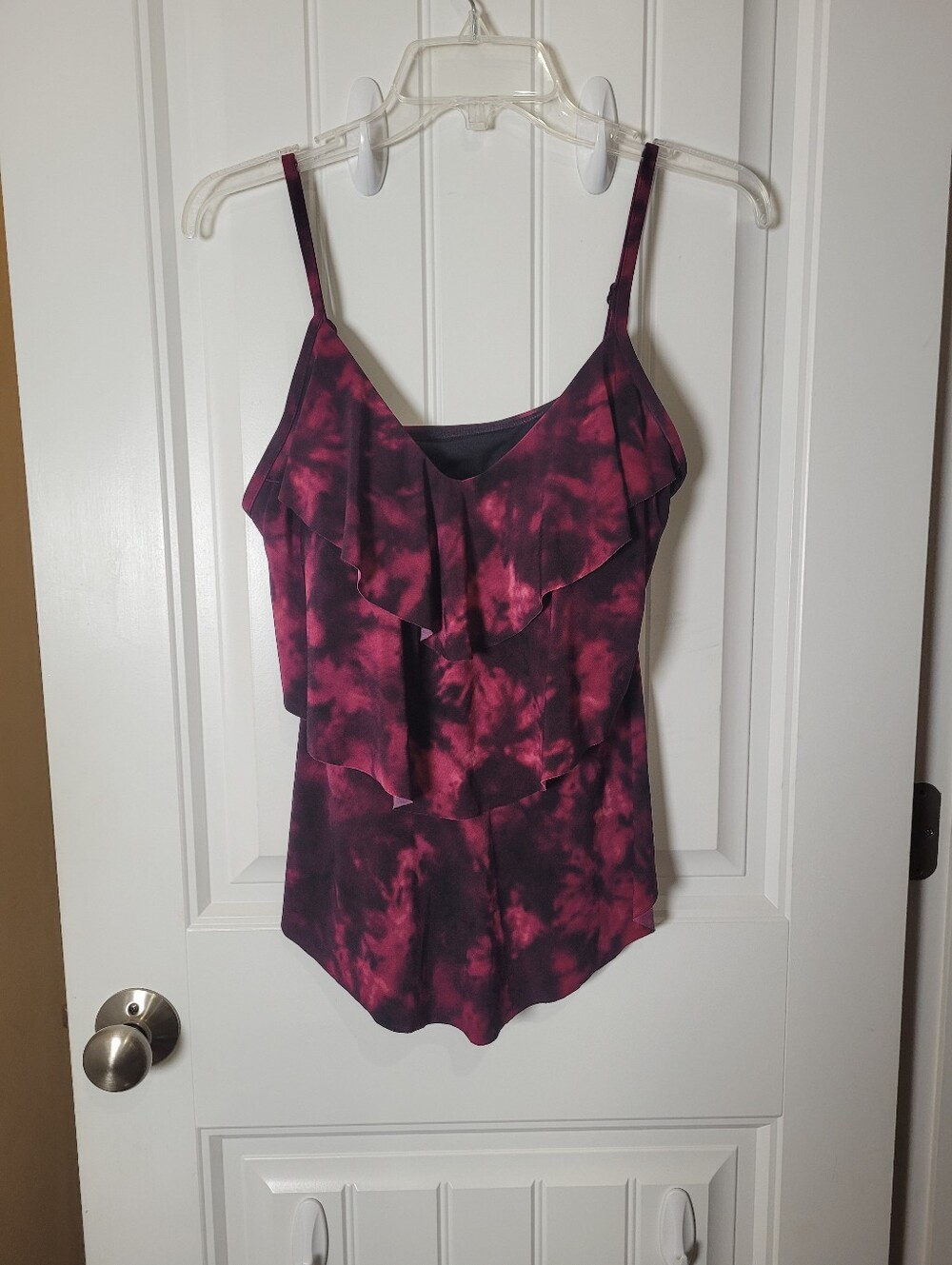Women's Aqua Green Ruffled Tie-Dye swim Top - Magenta/Black